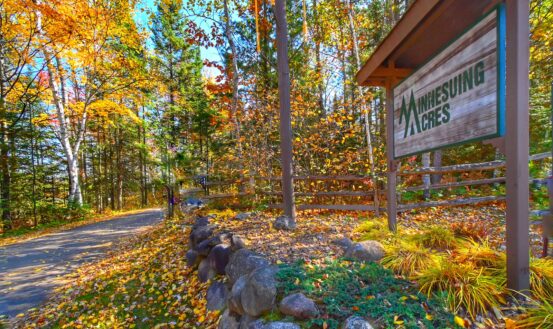 fall trees surround a sign for Minnesuing Acres